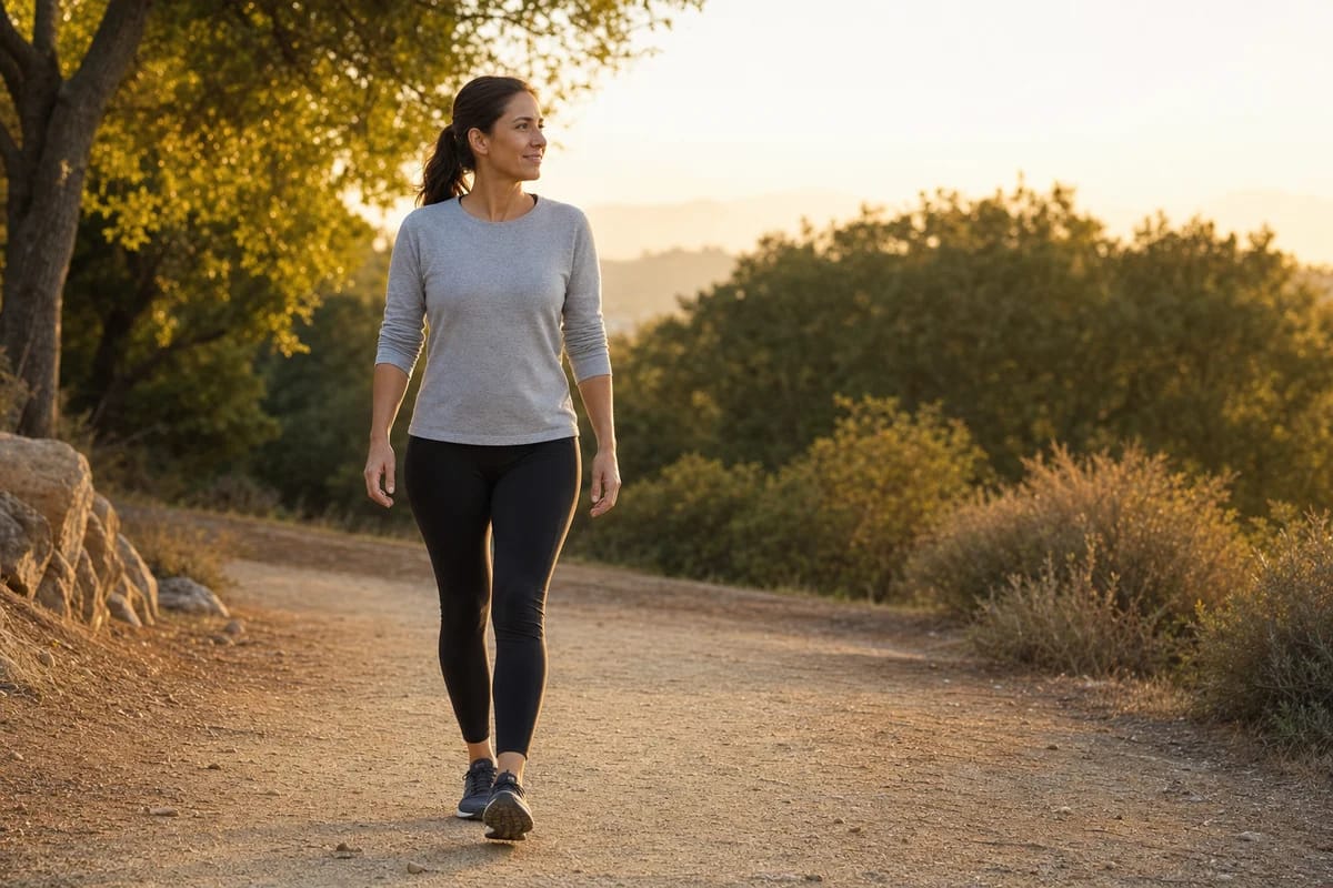 A person doing an easy relaxed walk outdoors in athletic clothes on a recovery day, loose and unhurried