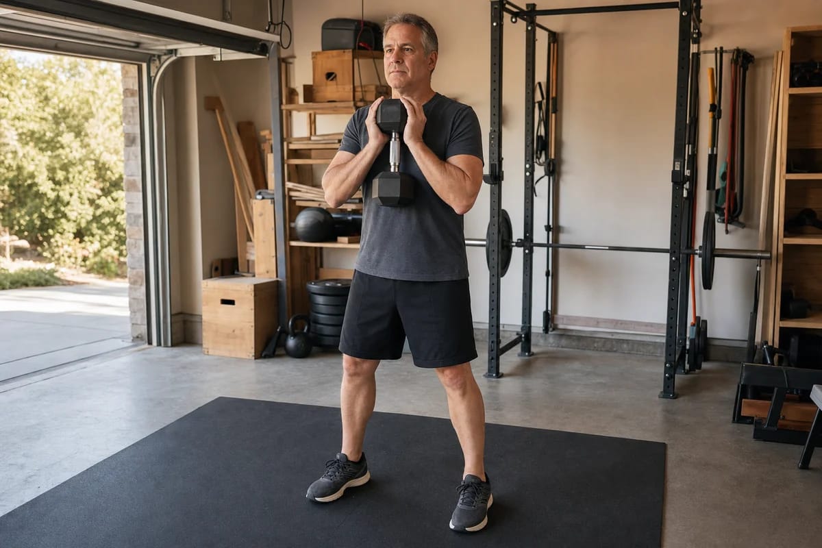 A fifty-something first-time lifter setting up for a dumbbell goblet squat in a home garage gym, focused and composed expression
