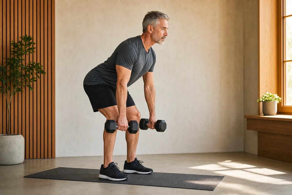A person clearly in their fifties with greying hair performing a controlled dumbbell Romanian deadlift with a flat back, side view, home gym, warm light