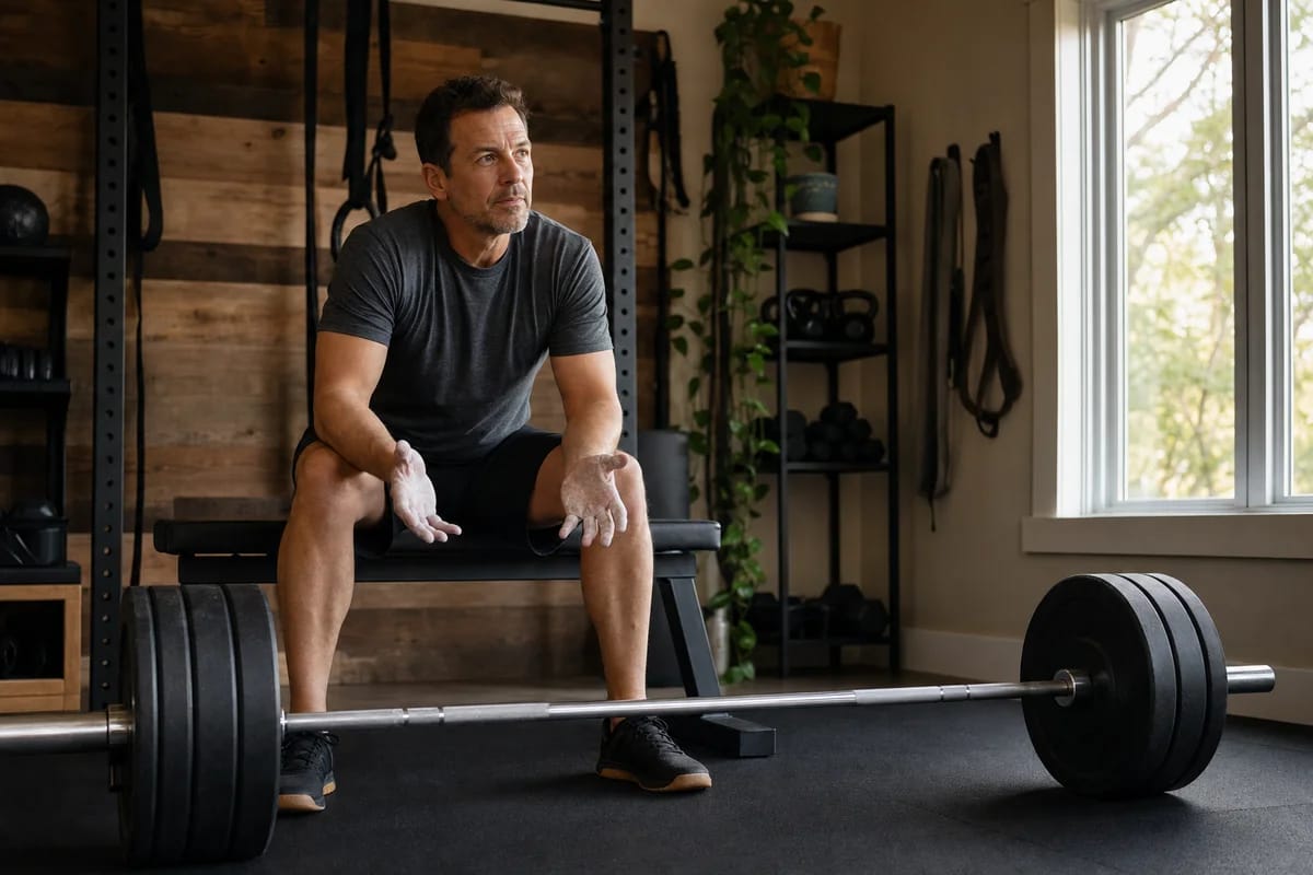 A warm home-gym scene of a person in their forties resting between sets, chalk on hands, loaded barbell on the floor, thoughtful rather than defeated