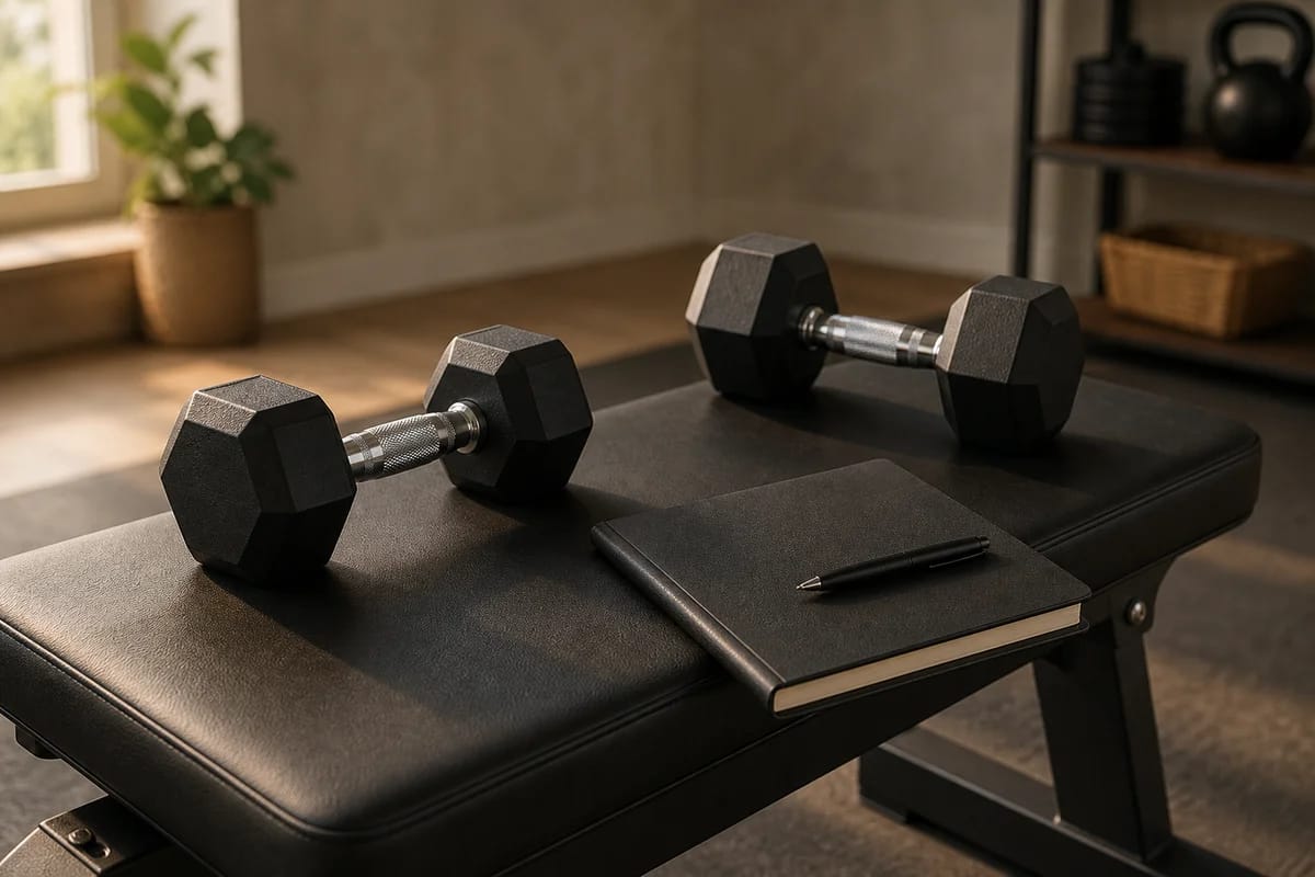 A pair of dumbbells and a closed training notebook with a pen resting on a weight bench in a home gym, warm light