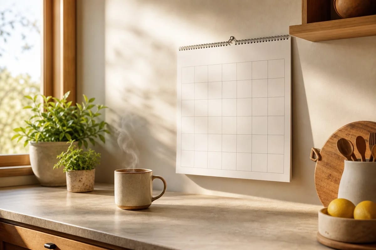 A wall calendar and a coffee mug on a kitchen counter in warm morning light, a sense of steady routine