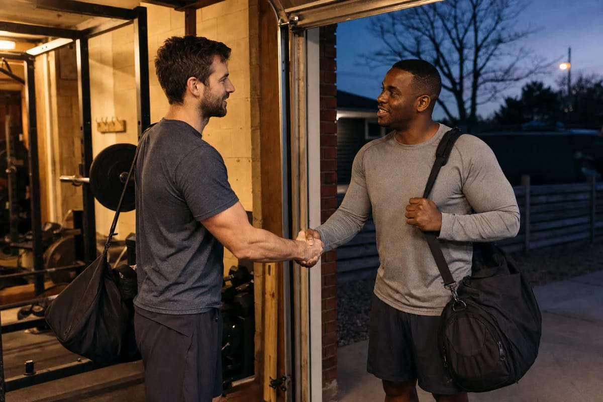 Two training partners mid-handshake at a garage gym doorway at dusk, gym bags over shoulders, nothing staged