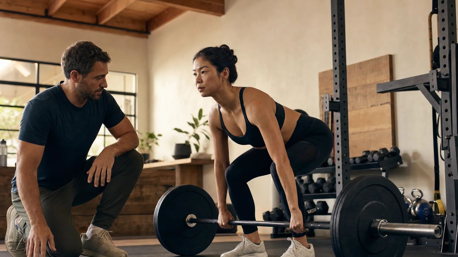 A coach crouched beside a woman set up over a loaded barbell in a warm home gym, watching her starting position