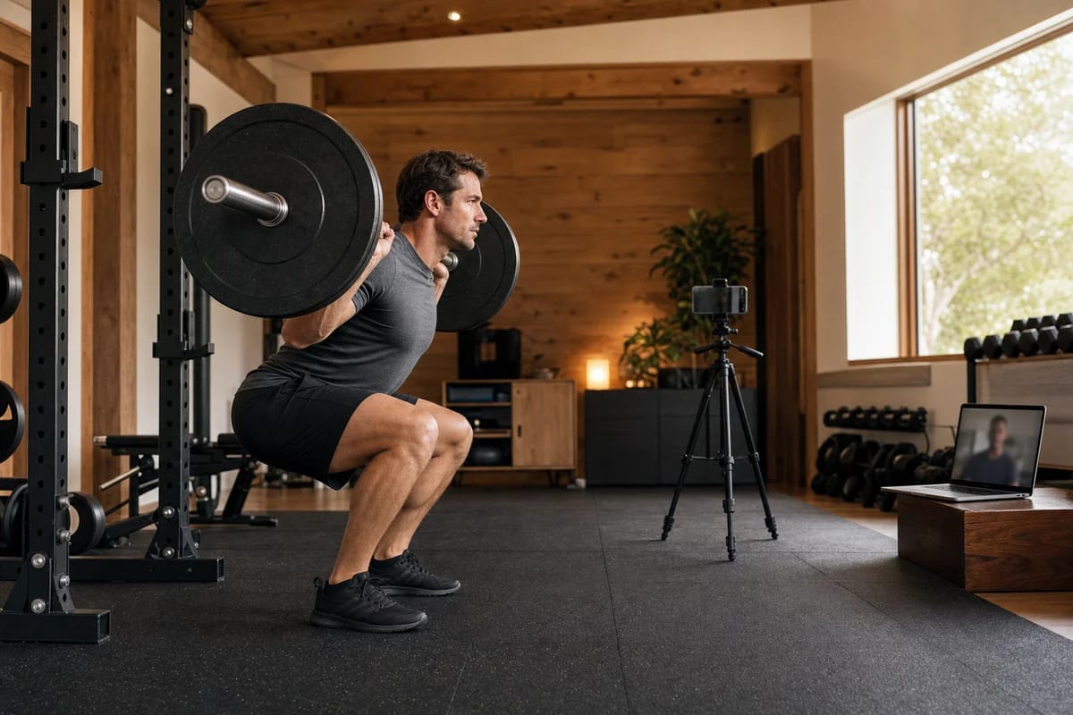 Side-on view of a man mid-squat with a barbell in a home gym, phone on a tripod at hip height framing him, a laptop nearby showing a coach on a live video call