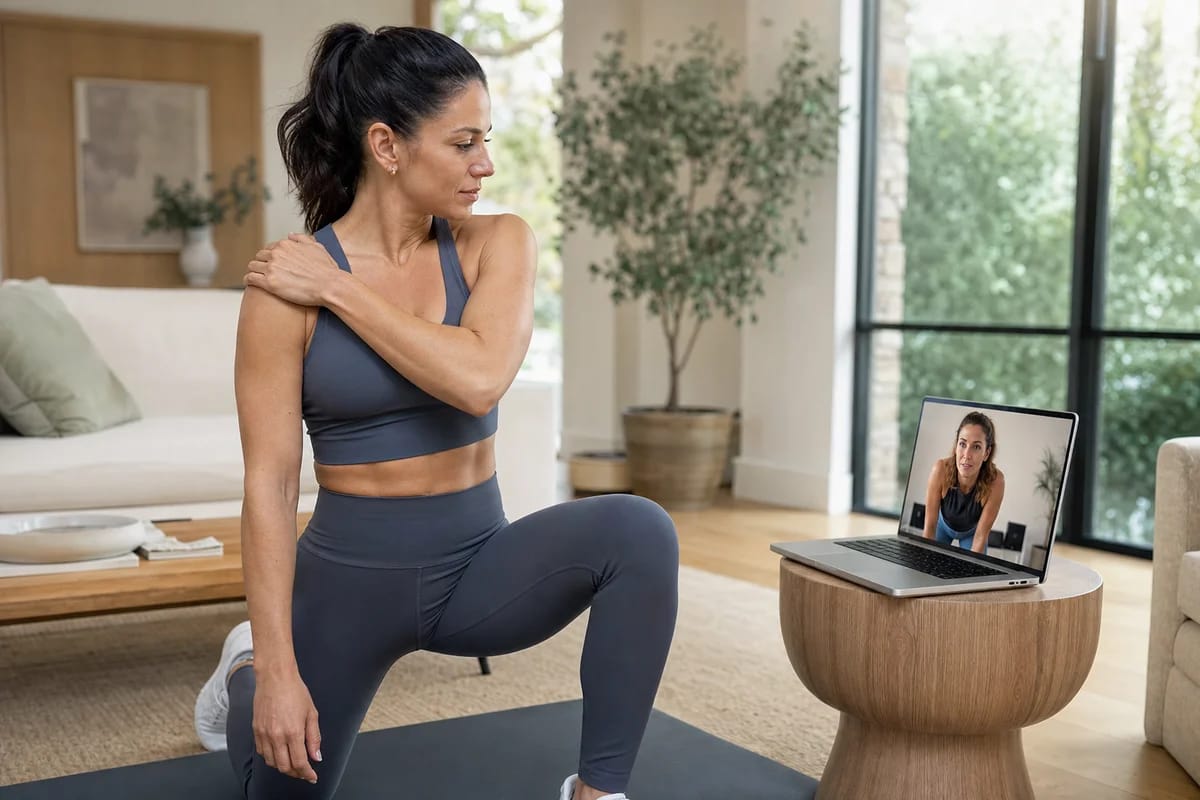 A woman mid-workout in a bright living room pausing to rub her shoulder, a laptop on a side table showing a coach leaning in to watch her on the video call