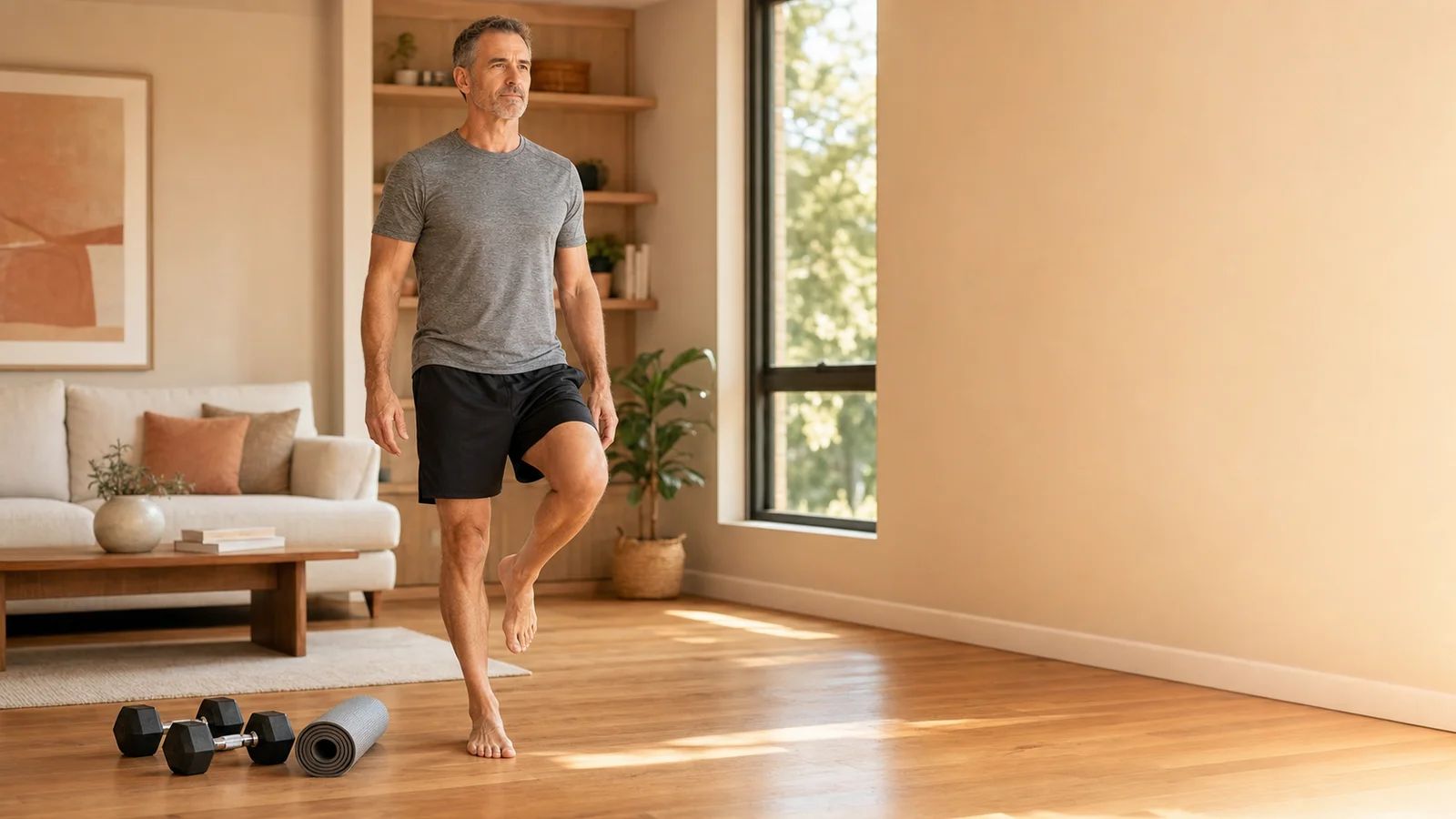 A man in his fifties balancing on one leg in a sunlit living room beside two dumbbells and a rolled exercise mat