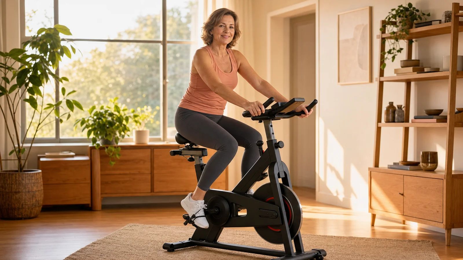 A woman in her late forties riding an indoor exercise bike at an easy pace in a bright living room