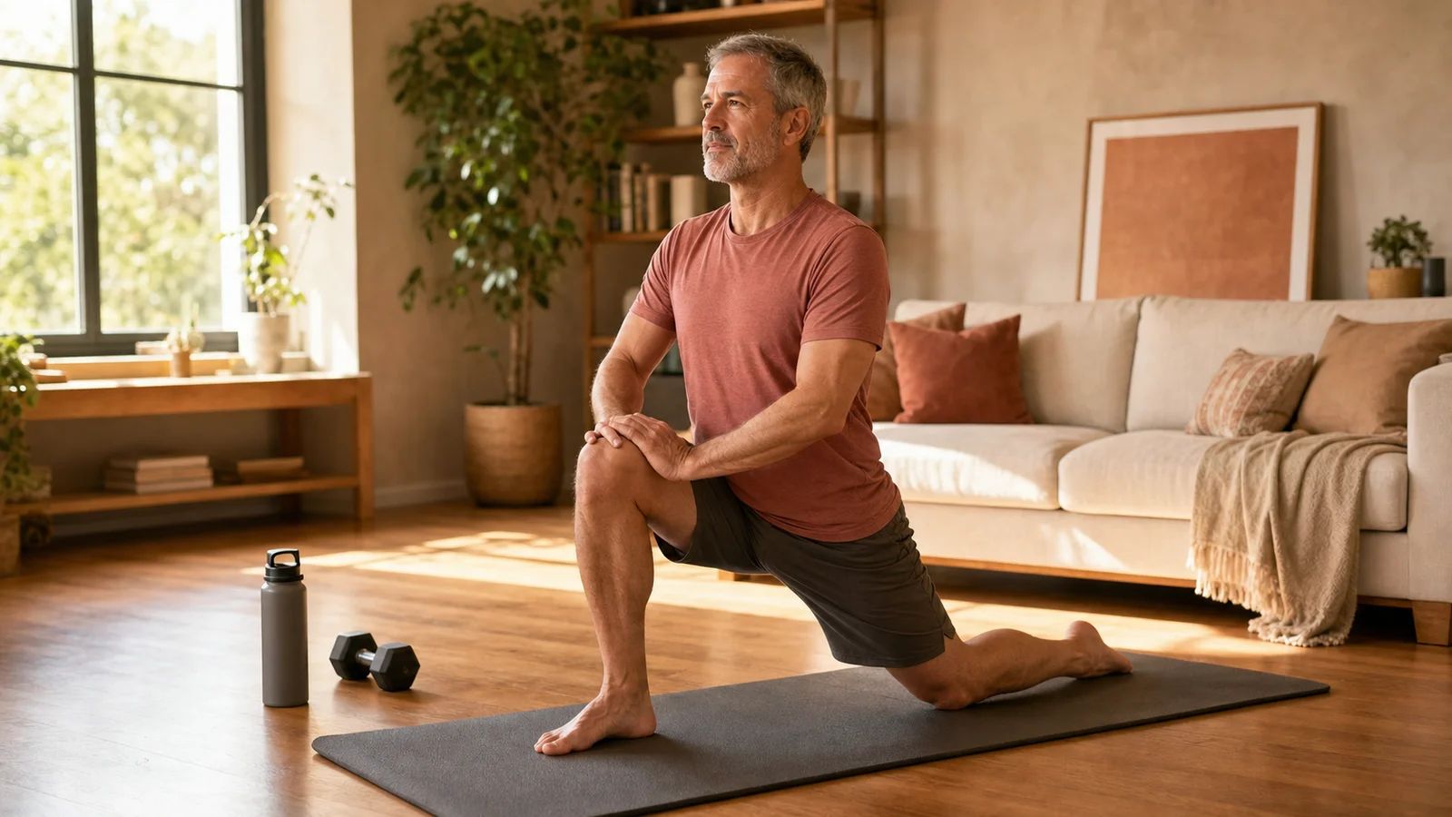 A man in his fifties holding a hip flexor lunge stretch on an exercise mat in a warm living room