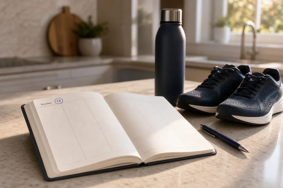 A fresh page of a weekly planner open on a kitchen counter, Monday's date circled in pen, running shoes and a water bottle waiting beside it