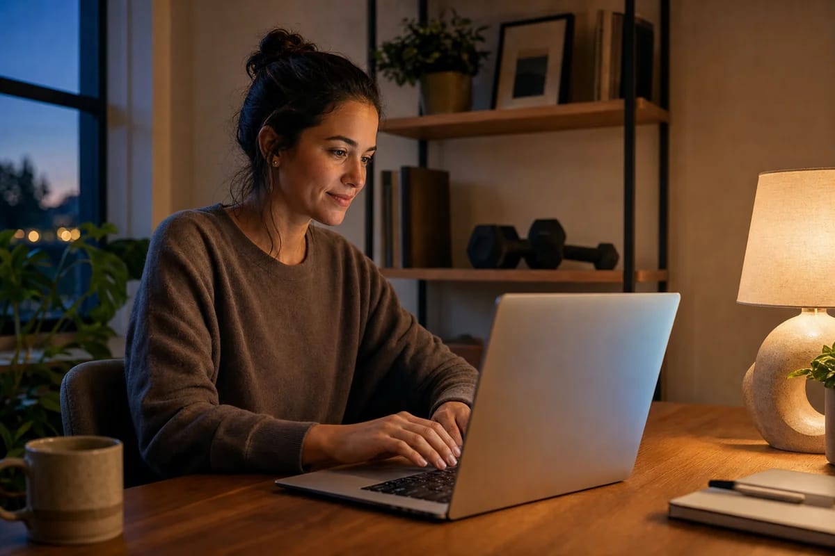 A person at a home desk in the evening adding a recurring Tuesday training block to a calendar on a laptop, small dumbbells visible on a shelf behind them