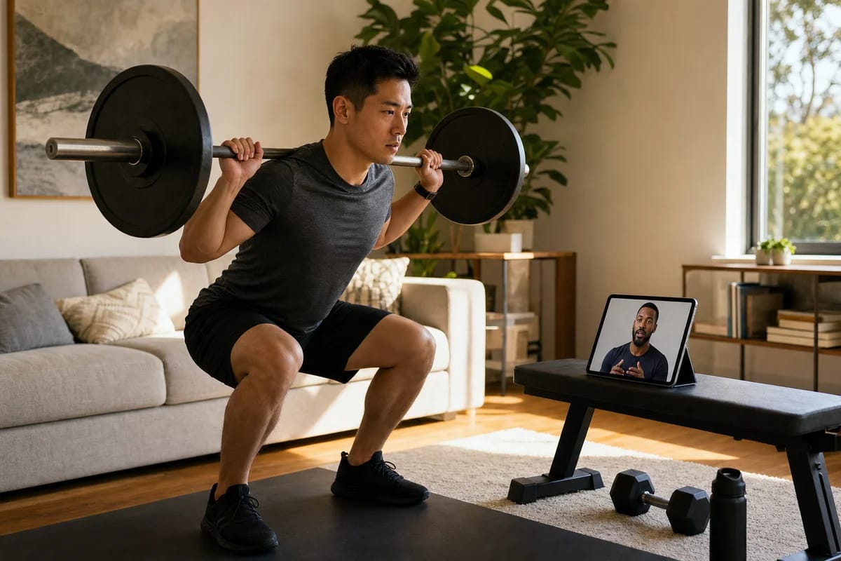 Home lifter mid-squat with focused effort in a living room, tablet propped on a bench showing a coach watching