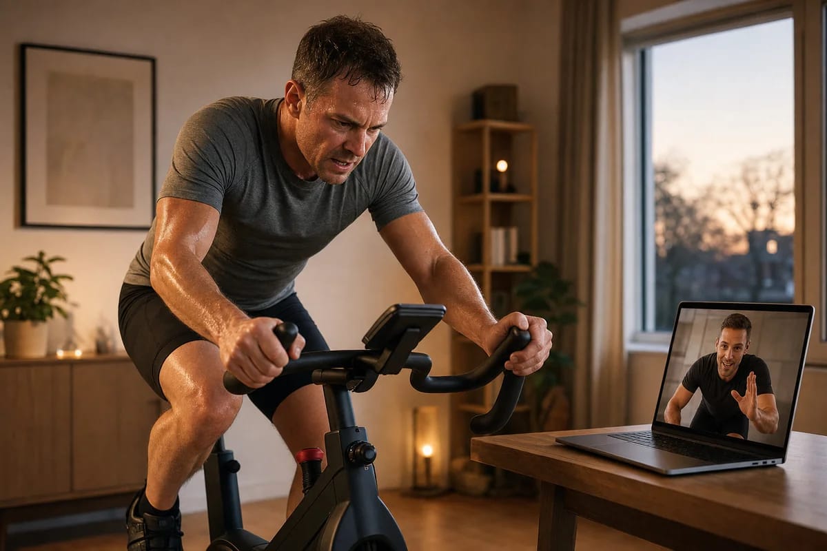 Person pushing the final interval on an exercise bike at home, sweat and effort visible, laptop nearby with a coach on video leaning toward the camera