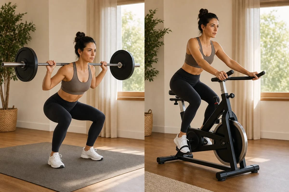 A split-scene of the same person, on one side mid-squat with a barbell at home, on the other side steady on an indoor bike, calm focused expression