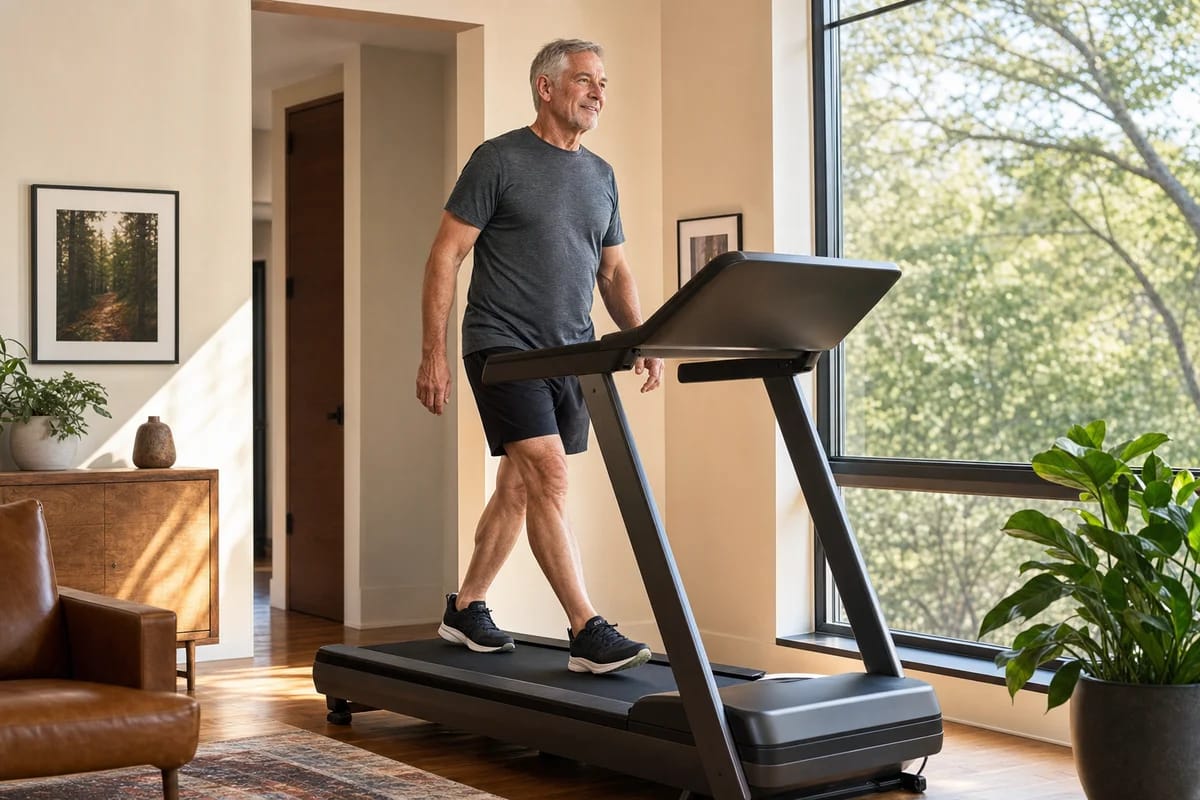 An older adult in their sixties finishing a brisk incline walk on a treadmill at home, relaxed and unwinded through a window