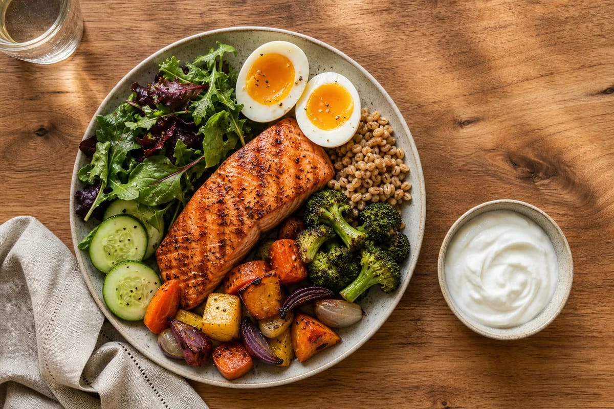 A clean overhead shot of a balanced protein-forward lunch plate (grilled chicken or salmon, eggs, greek yogurt on the side) on a warm wooden kitchen table