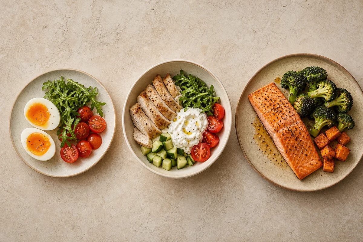 A simple day-in-meals flat lay showing breakfast eggs, a lunch yogurt-and-chicken bowl, and a dinner salmon plate arranged left to right like a timeline