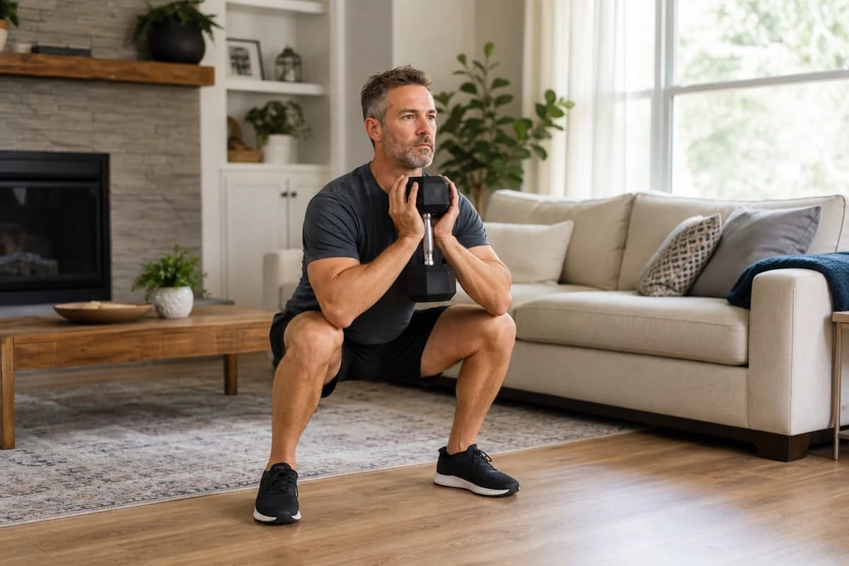 A person in their late forties doing a single focused set of goblet squats with one dumbbell in a bright home living room, mid-rep, controlled and effortful exp