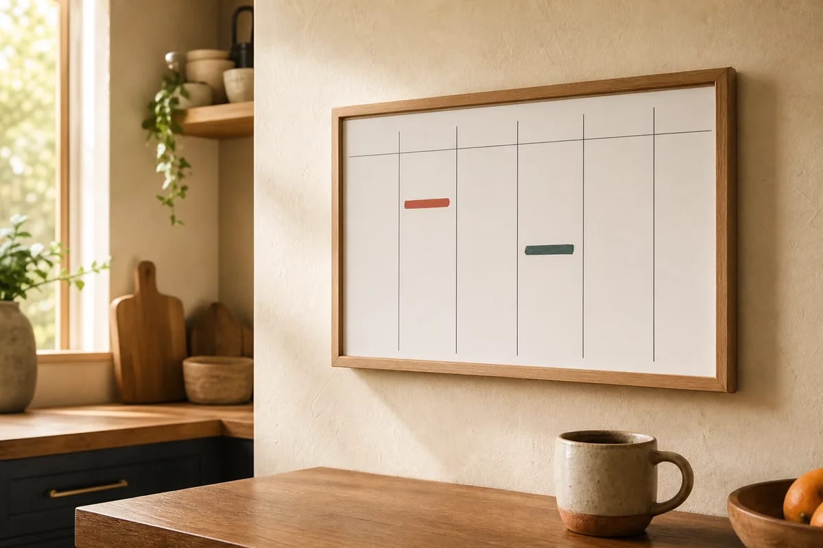 A simple weekly calendar or whiteboard on a kitchen wall showing two short workout blocks marked in a week, warm domestic setting, a coffee mug nearby, no legib