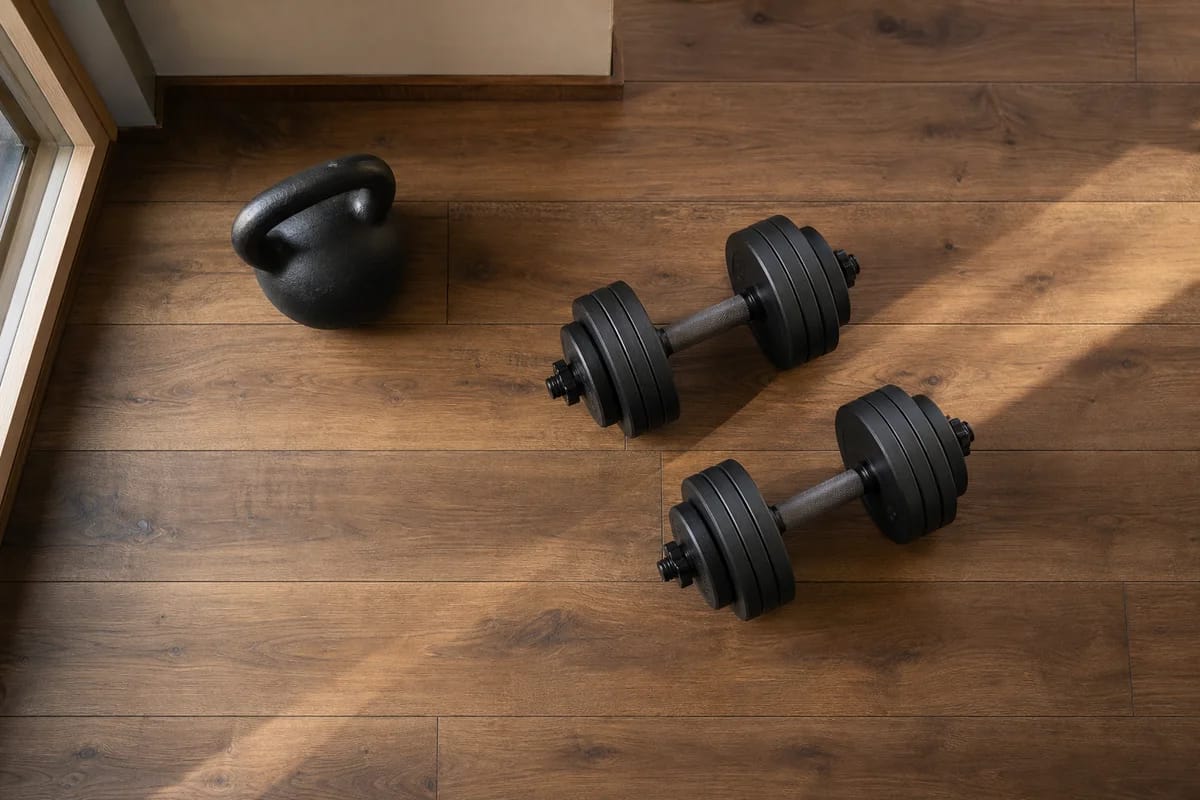 A clean flat-lay of a home gym corner in, adjustable dumbbells and a kettlebell on a wood floor, no people, calm and premium