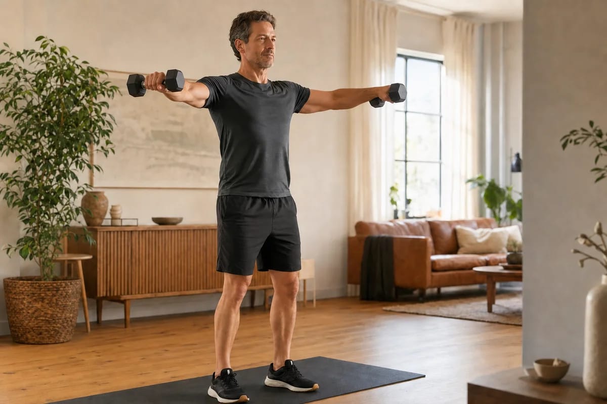 A person in their mid-forties mid-set with a barbell or dumbbells in a home setting, focused and composed, good form