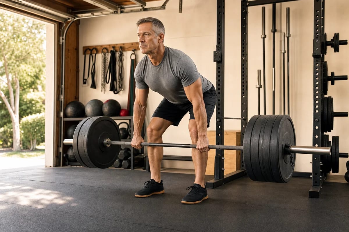 A lean, fit person in their mid-fifties mid-set with a loaded barbell in a home garage gym, focused and composed
