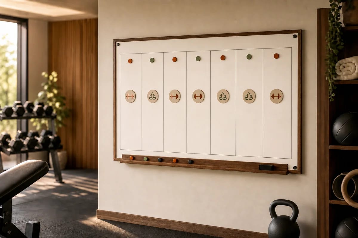 A simple weekly training calendar or whiteboard in a home gym showing hard and easy days spaced out