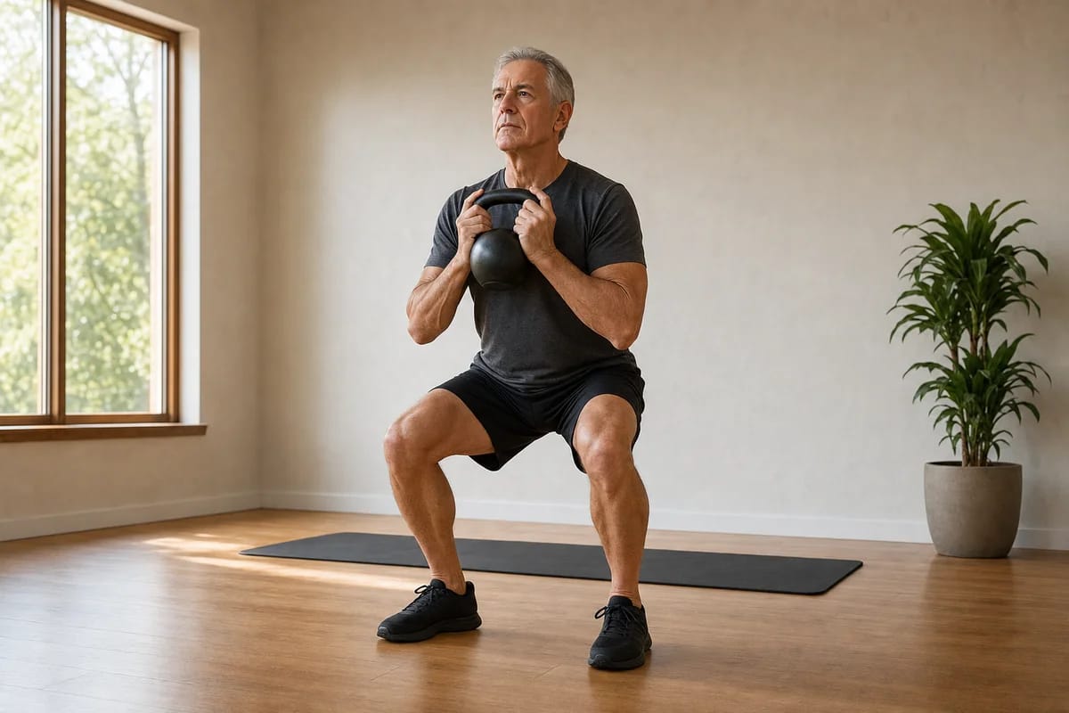 An active adult in their sixties driving powerfully out of the bottom of a goblet squat in a home gym, focused and athletic