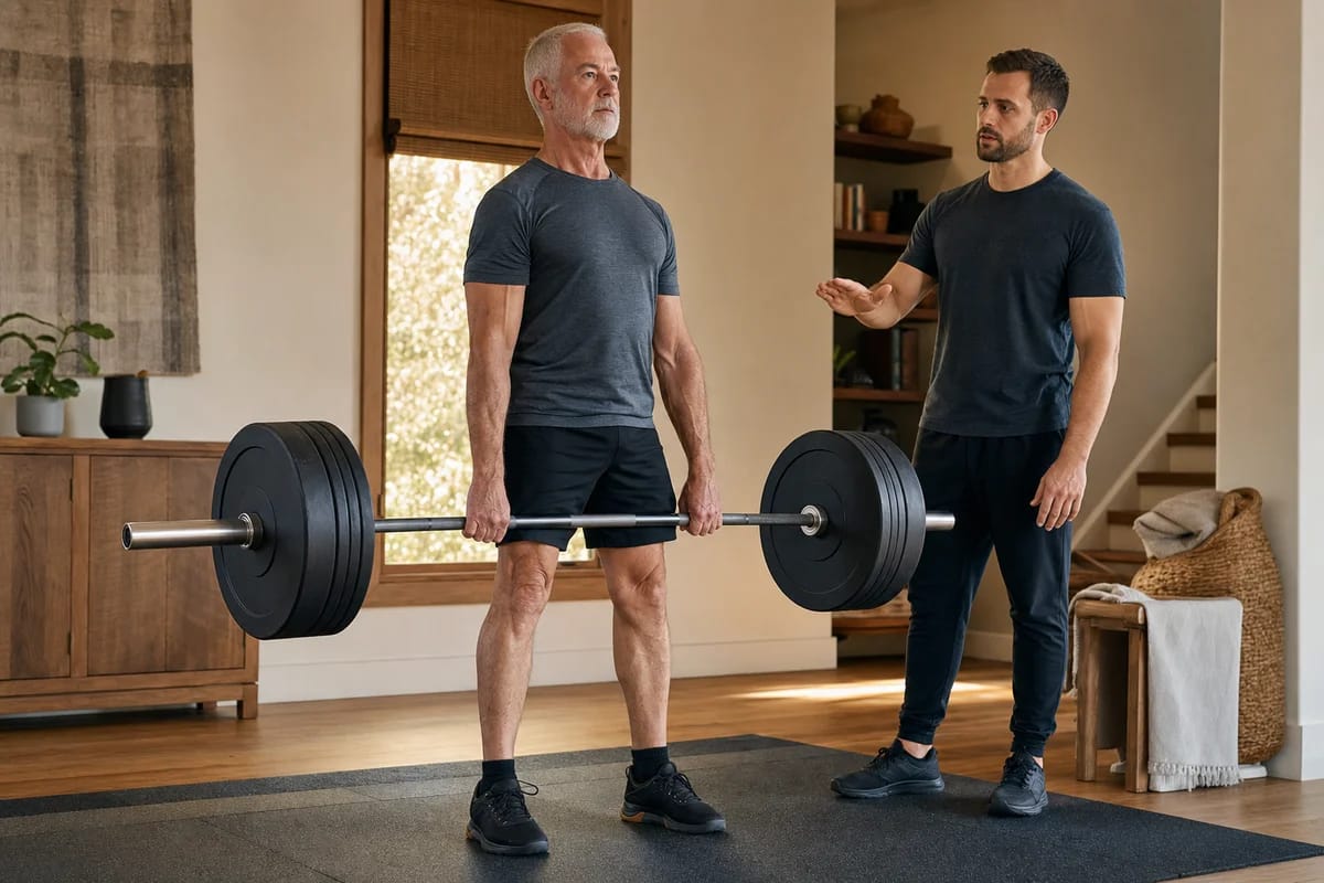 An older adult performing a heel-loaded deadlift with good posture in a home gym, a coach nearby cueing the lift