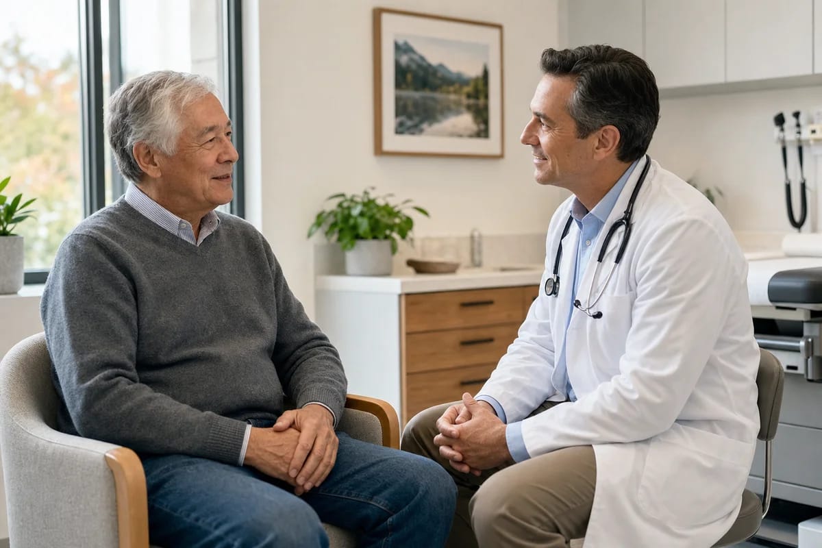 A person in their early seventies talking with a doctor in a bright clinic, relaxed and unworried