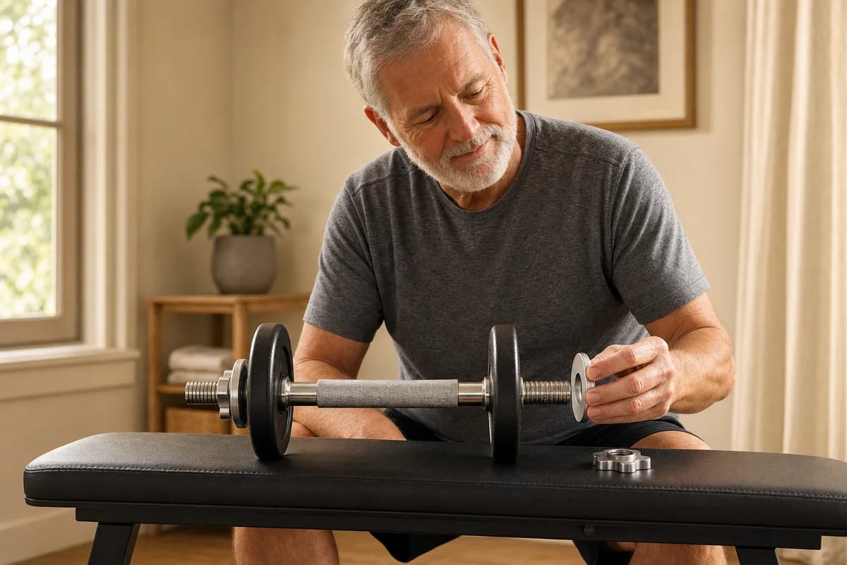 An older adult in a home setting adding a small weight plate to a dumbbell, calm and deliberating