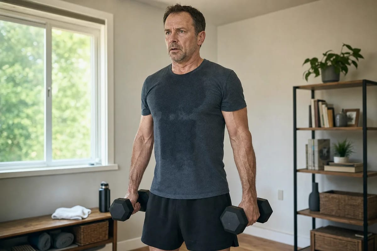 A person in their late forties finishing a hard dumbbell set at home, arms shaking slightly, focused but composed expression
