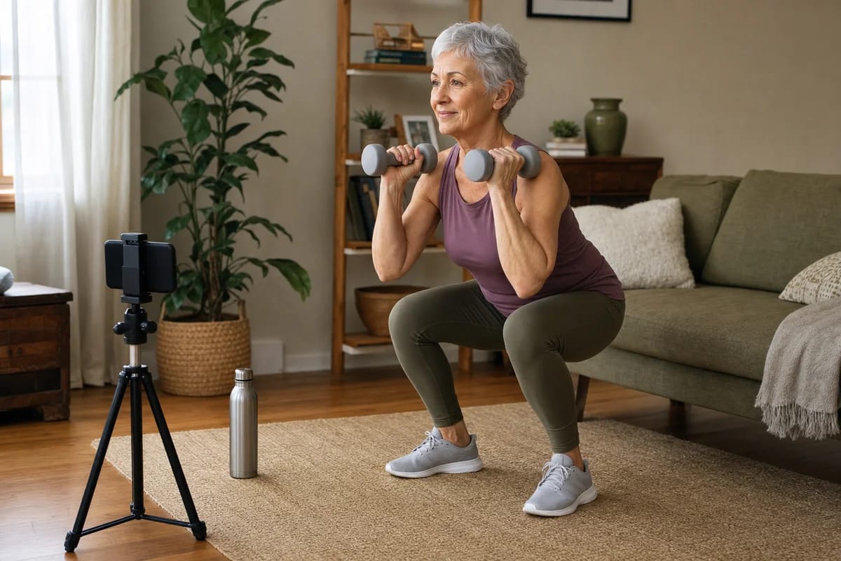 An older adult mid-squat with light dumbbells in a home setting, controlled posture, calm daylight, a water bottle and phone on a tripod nearby
