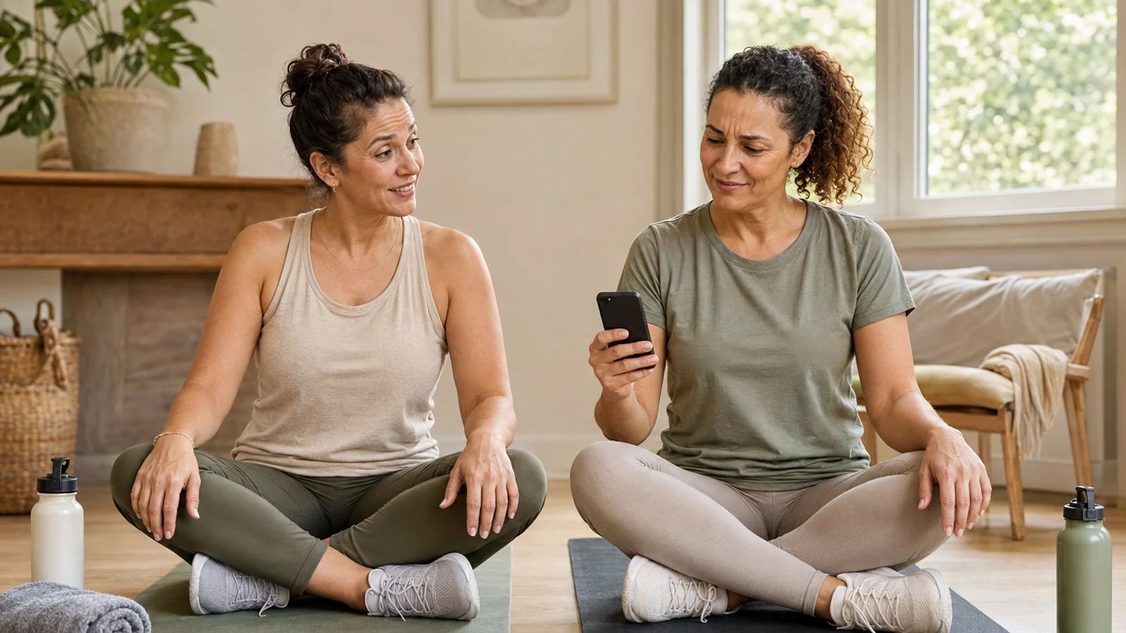 Two friends stretching side by side on mats in a sunlit room, one glancing at her phone