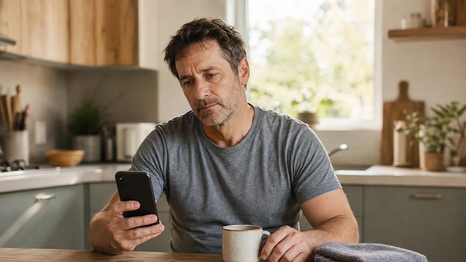 Man at a kitchen table in morning light reading his phone with a coffee and a folded gym towel beside him