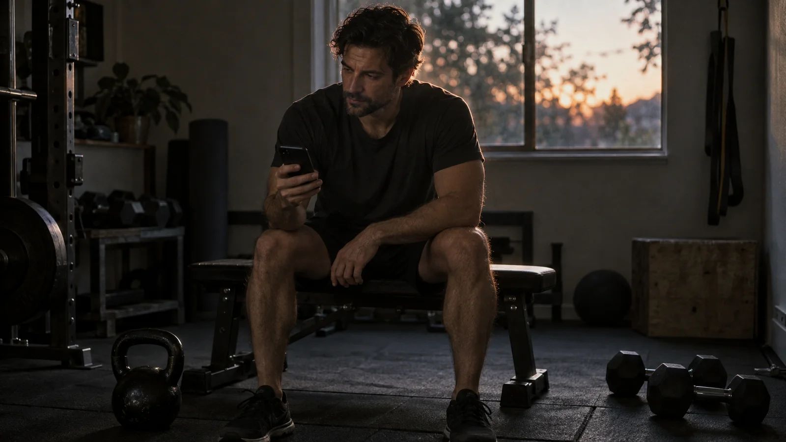 Woman sitting on a living room floor between sets with two dumbbells and a phone propped against a water bottle