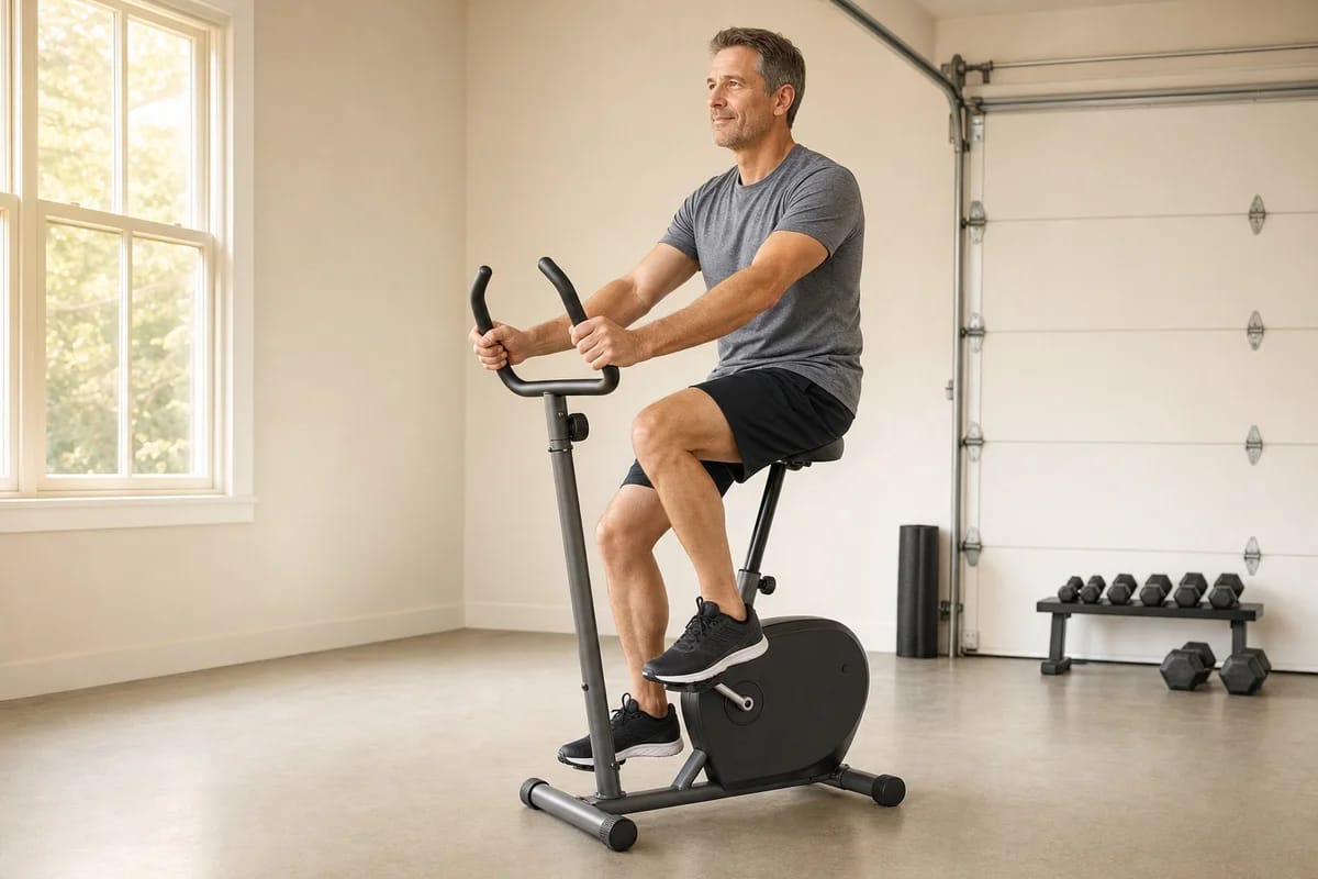 A person in their late forties doing an easy warm-up on an exercise bike in a home garage gym, relaxed and unhurried