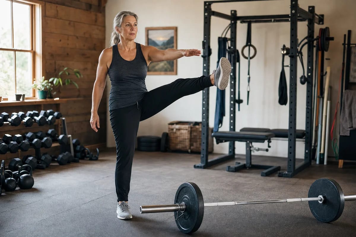 A woman in her fifties doing dynamic leg swings and bodyweight squats beside a loaded barbell in a home gym, controlled and warm