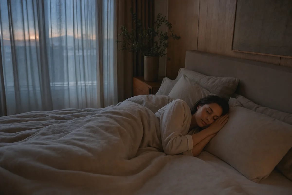A person asleep in a dark, calm bedroom lit only by faint early dawn light through curtains, peaceful and still