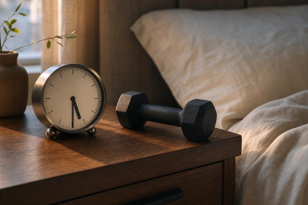 An alarm clock on a nightstand reading an early hour beside a dumbbell, conveying the tension between sleep and training