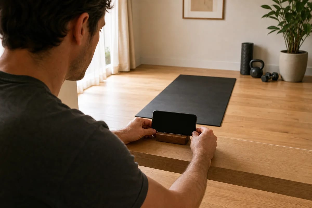 A home training corner mid-setup, phone propped at hip height on a shelf facing an open mat area, person adjusting the angle