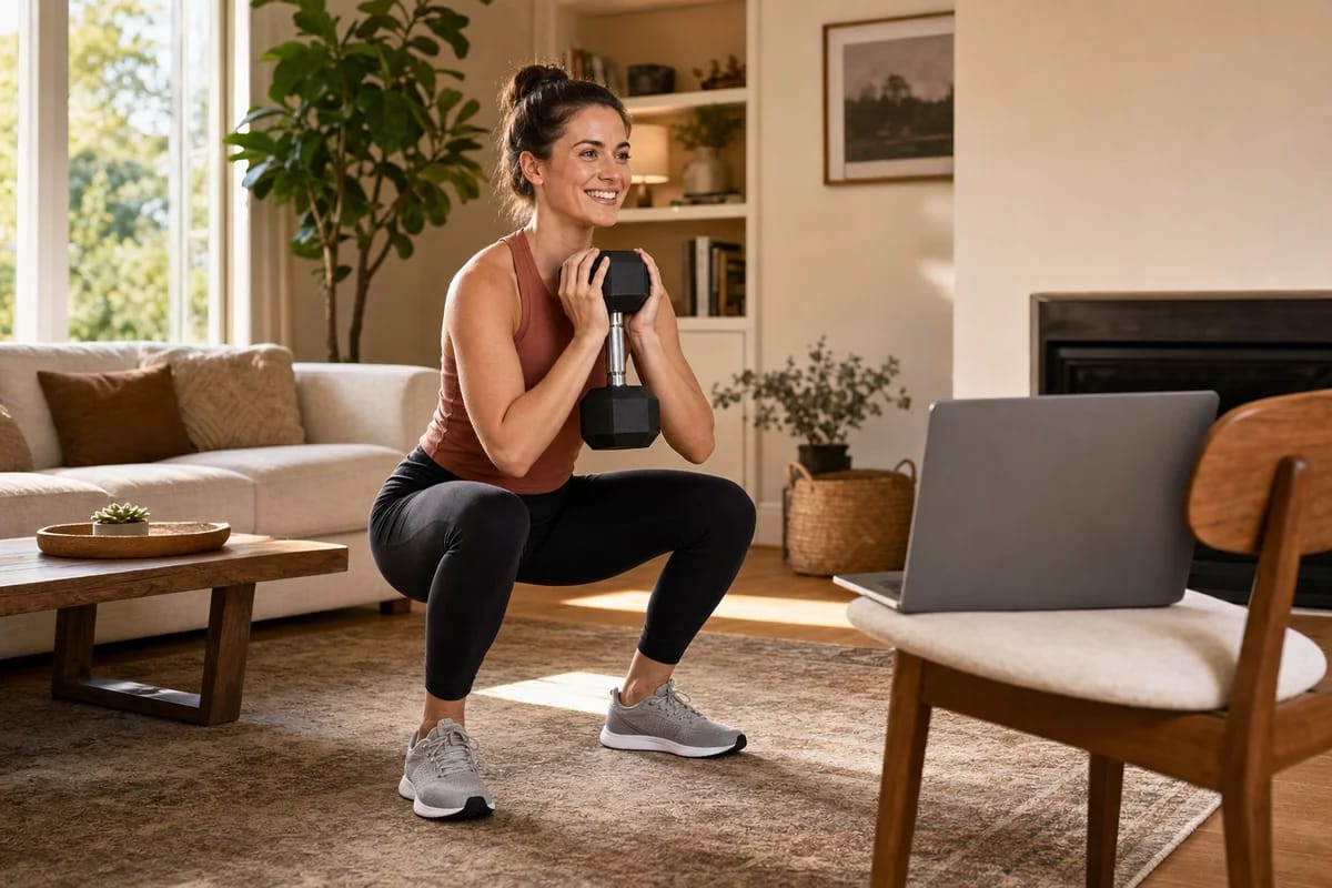 A person doing a goblet squat with a single dumbbell in a living room, a laptop open on a chair nearby facing away, warm light