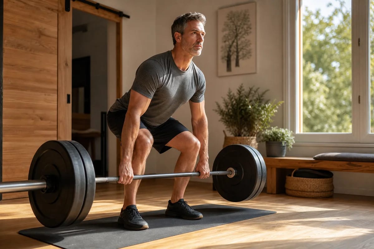 A fit person in their late forties mid-set with a loaded barbell or heavy kettlebells in a warm sunlit home space, focused and strong