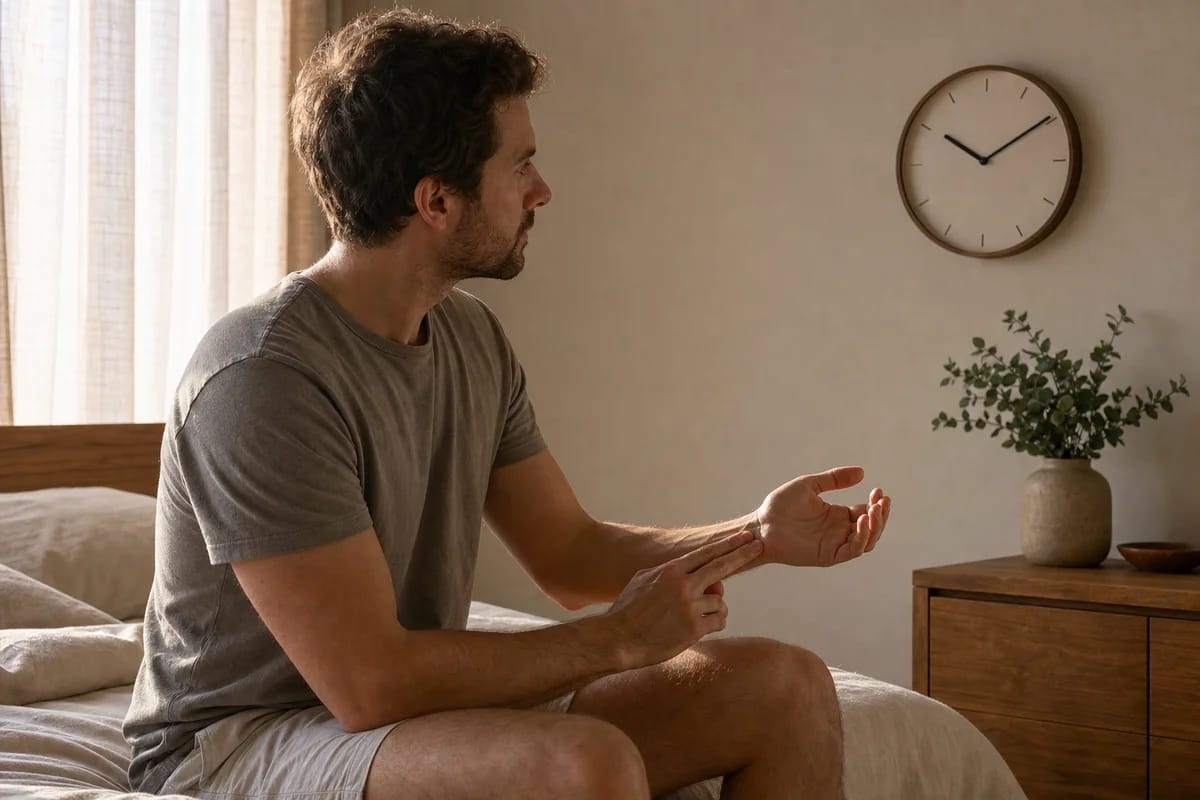 A person checking their pulse against a wall clock in a calm bedroom at dawn, taking a resting heart rate measurement