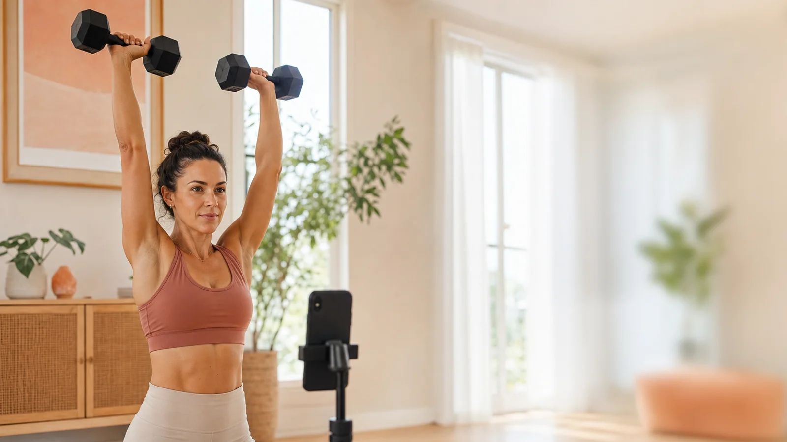 A woman pressing dumbbells overhead at home with her phone on a tripod aimed at her