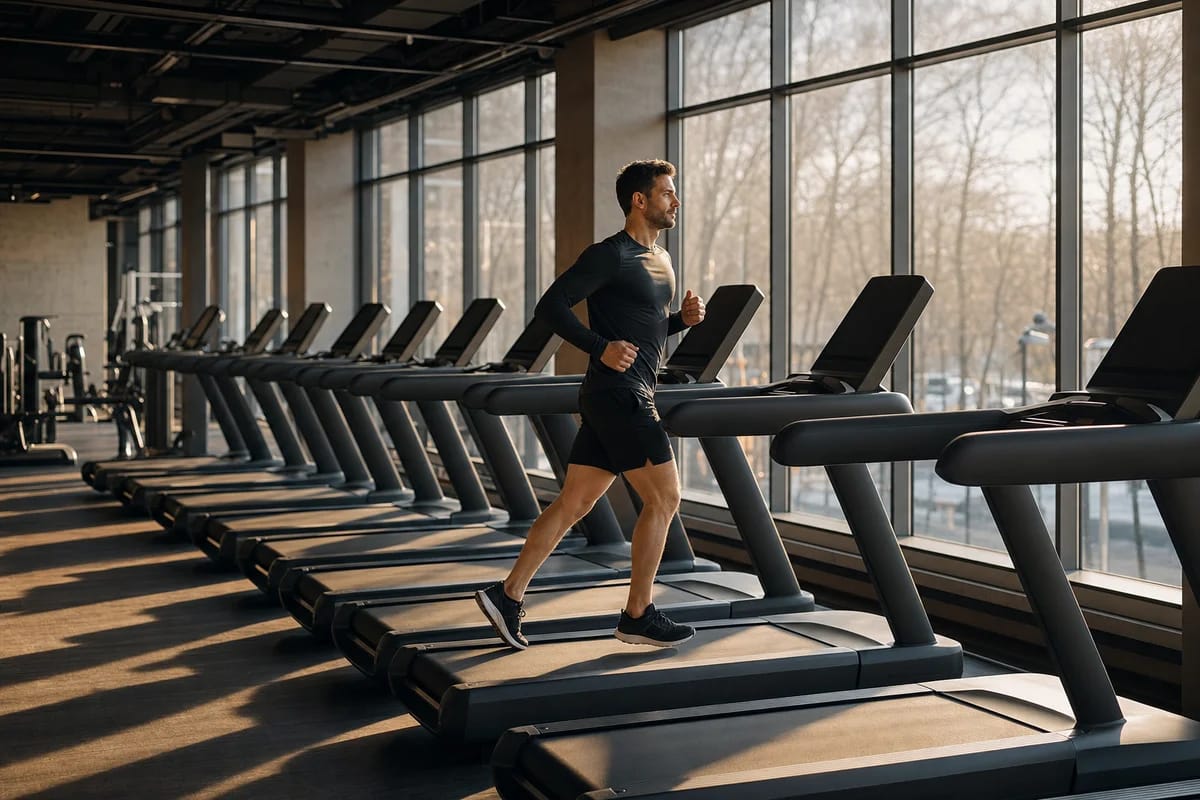 A nearly empty commercial gym in February, rows of unused treadmills, one person training alone near the back.