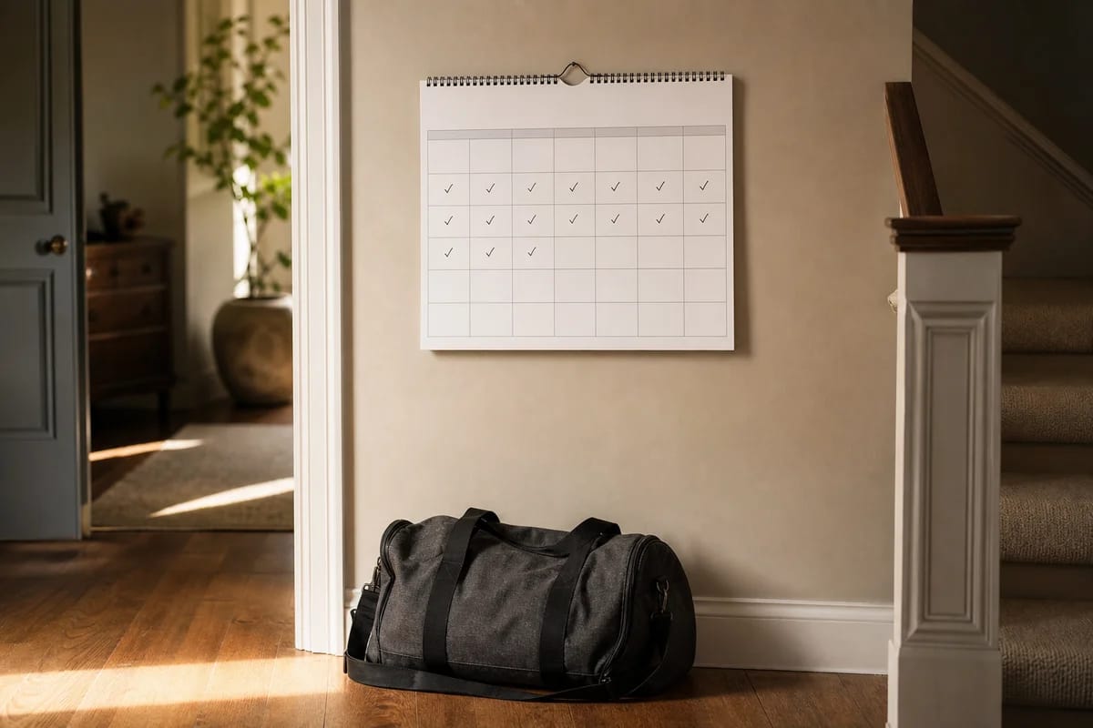 A wall calendar in a home hallway with workout slots marked through mid-February then blank, gym bag on the floor beneath it