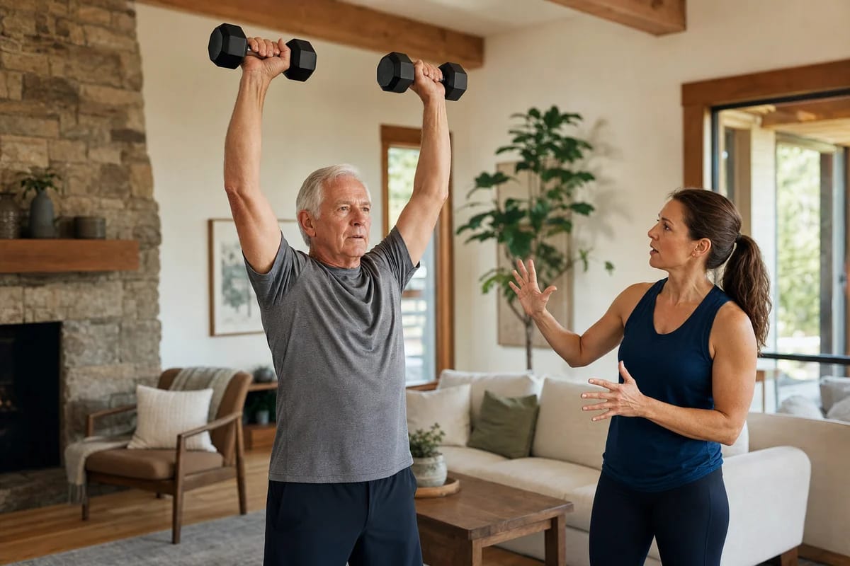 An older adult performing a fast, controlled dumbbell press or medicine-ball throw in a home living room while a coach watches, both mid-movement, focused