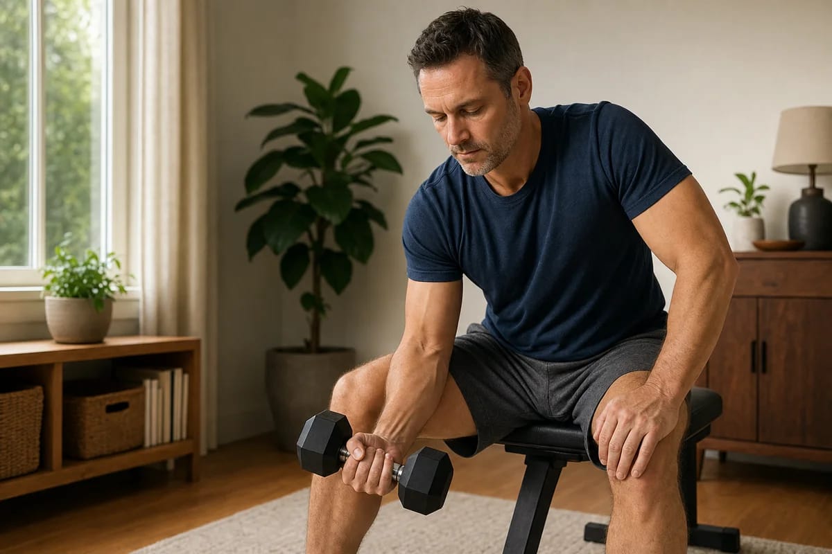 A person in their forties lowering a dumbbell in a slow, controlled biceps curl at home, forearm braced, calm focused expression