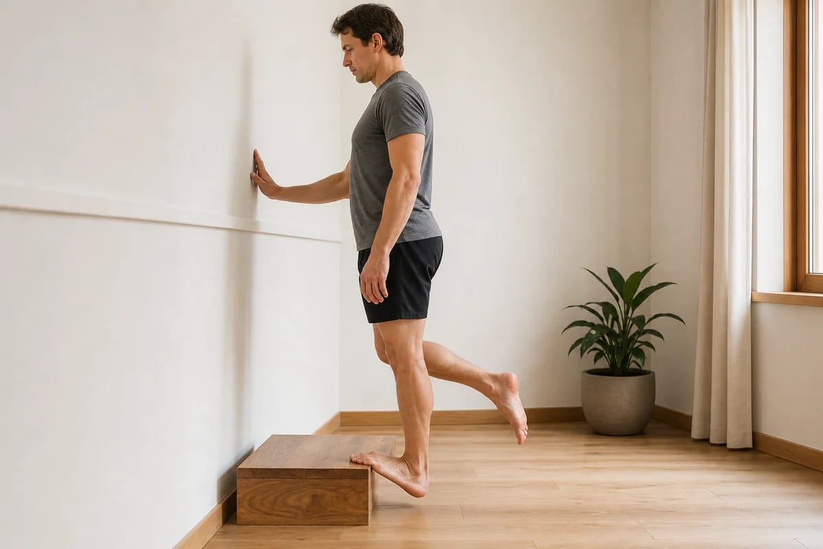 A person doing a single-leg eccentric heel drop off the edge of a step at home, heel dropping below the step, steady balance